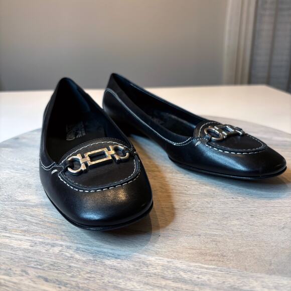 Salvatore Ferragamo Shoes - Salvatore Ferragamo Black Leather Gancini Loafers 7.5 B Italy Stitch Flats